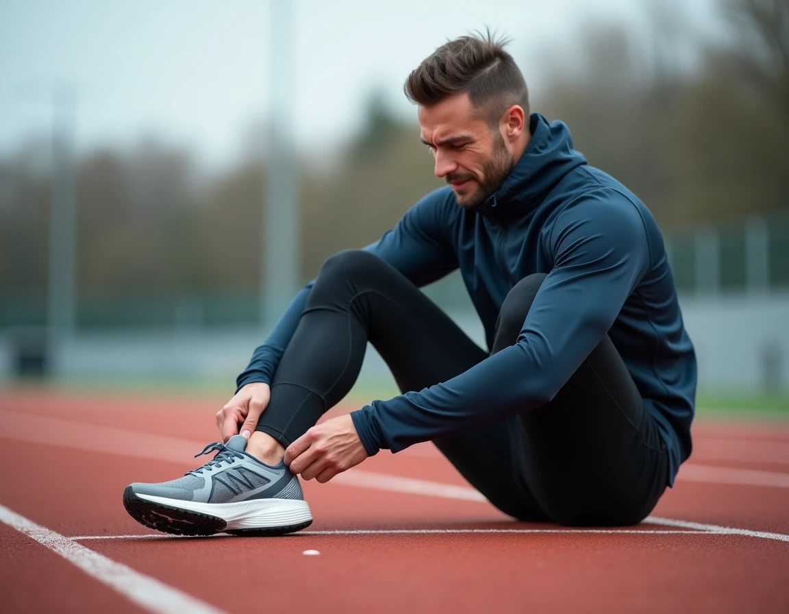 Coureur assis sur une piste d'athlétisme touchant le côté extérieur de son pied après une douleur au nerf sural