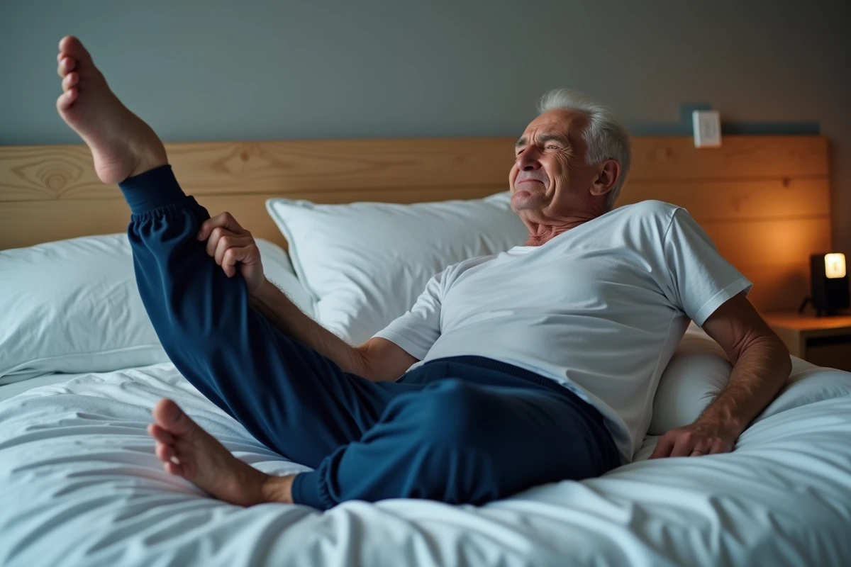 Homme âgé souffrant de crampes nocturnes dans les jambes allongé dans son lit