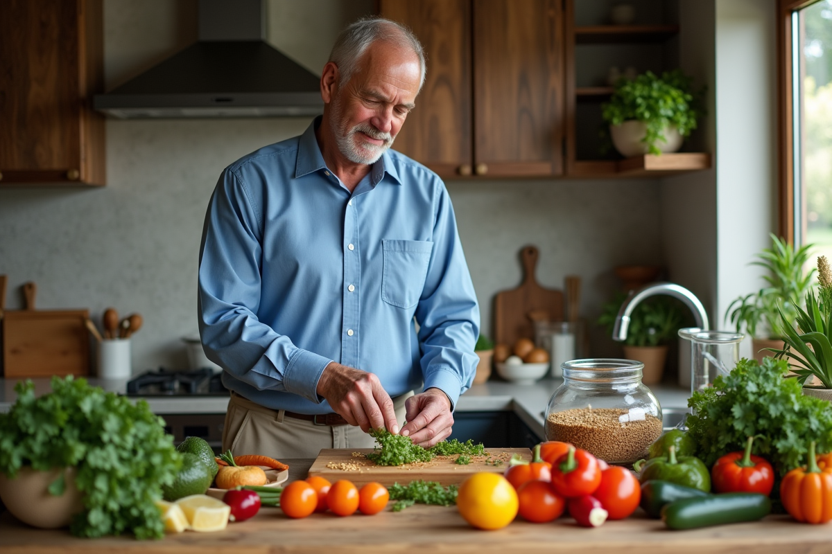 Homme préparant des légumes dans sa cuisine chaleureuse