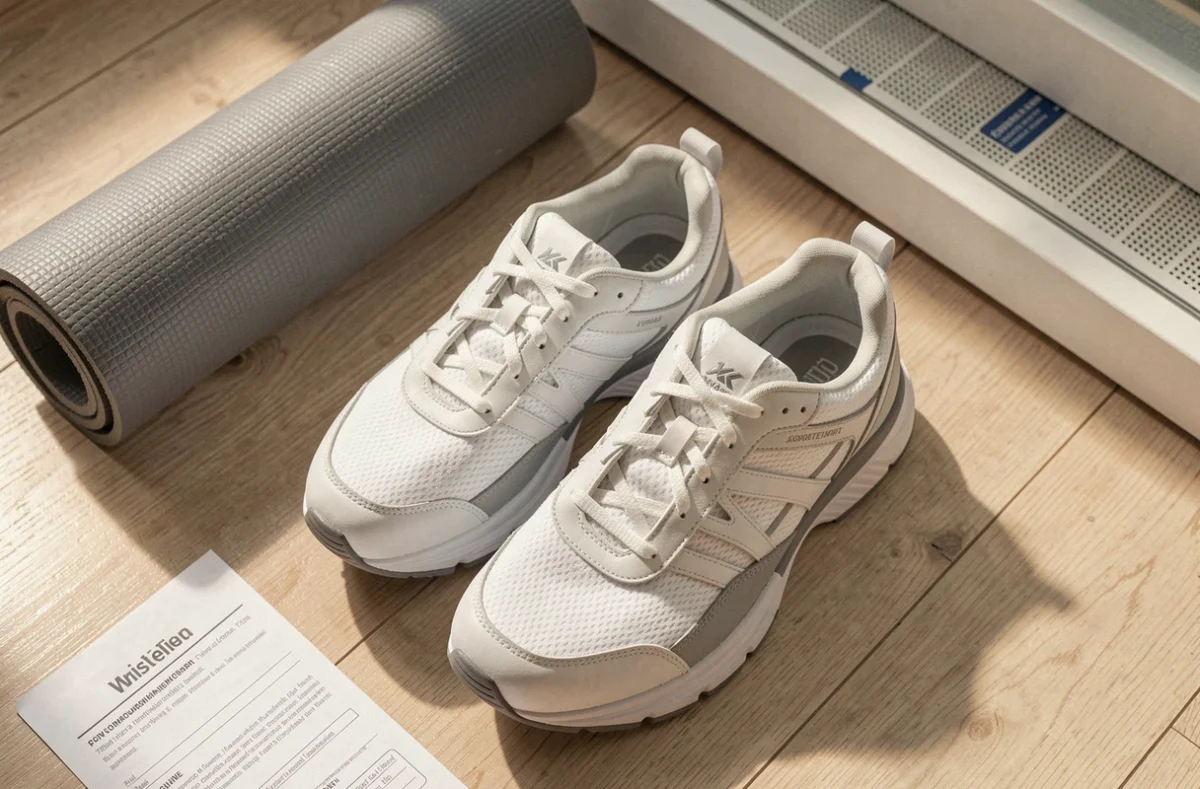 Détail d'une chaussure orthopédique SPINE posée sur un parquet avec une ordonnance médicale, illustrant le traitement des douleurs lombaires chroniques
