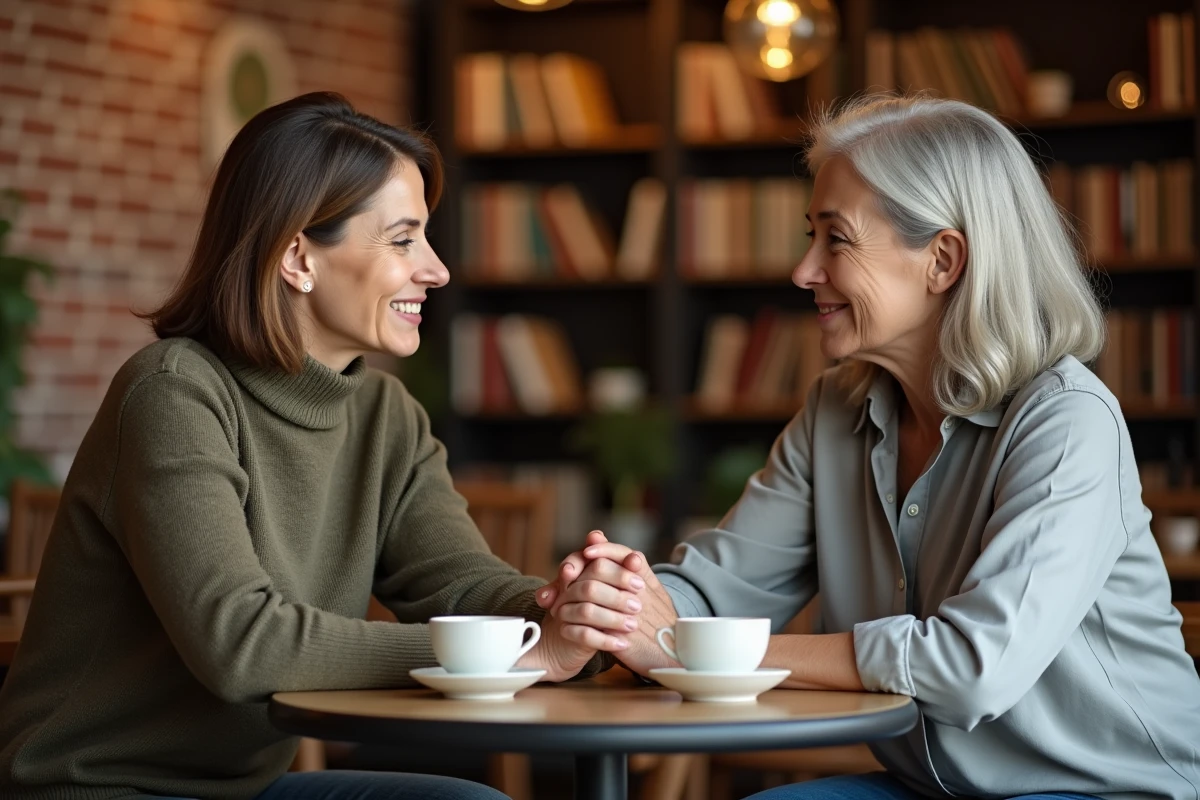 Deux femmes se soutenant mutuellement autour d'un café dans un café chaleureux, symbolisant l'accompagnement et la solidarité en période difficile