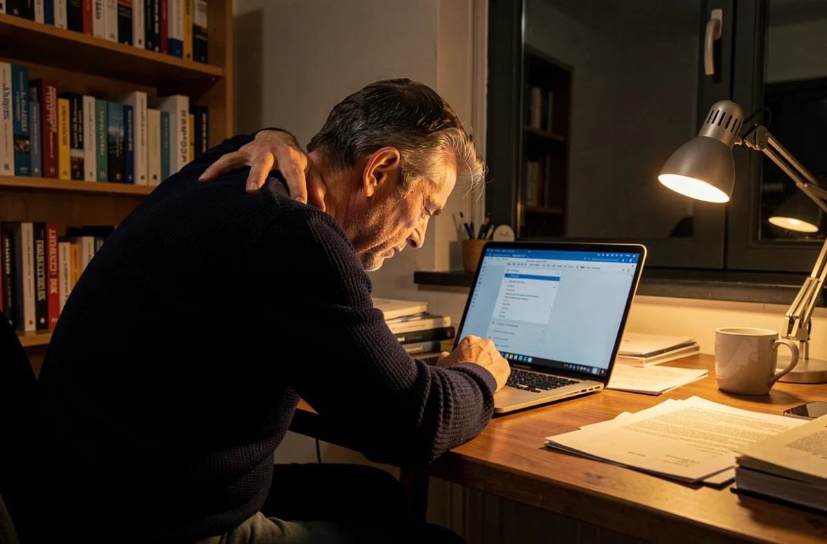 Homme assis le dos voûté devant un ordinateur portable tard la nuit ressentant des tensions dorsales