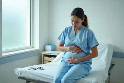 Femme tenant son côté droit du ventre lors d'une consultation médicale, illustrant des douleurs abdominales basses droites