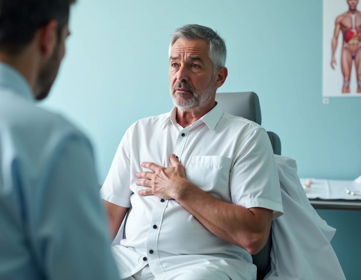 Homme adulte consultant un médecin pour une douleur sous l'aisselle gauche dans un cabinet médical réaliste