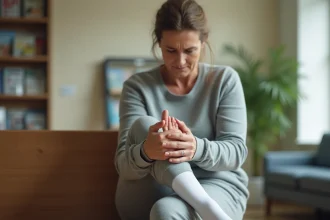 Femme tenant le côté extérieur de son pied en salle d'attente médicale, douleur au nerf sural