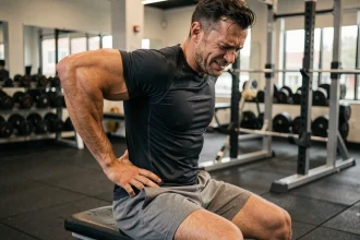 Homme en tenue de sport assis sur un banc de musculation, tenant son dos gauche douloureux après l'effort