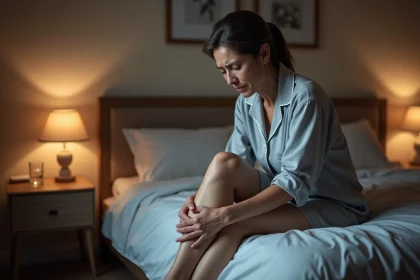 Femme d'âge mûr se massant le mollet la nuit à cause de douleurs aux jambes