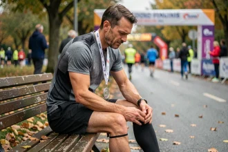 Coureur assis sur un banc après un marathon, tenant son mollet douloureux avec des chaussettes de compression