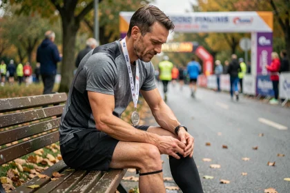 Coureur assis sur un banc après un marathon, tenant son mollet douloureux avec des chaussettes de compression