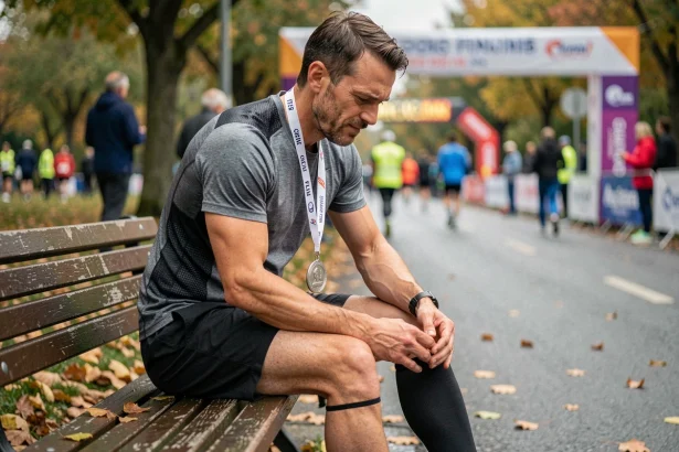 Coureur assis sur un banc après un marathon, tenant son mollet douloureux avec des chaussettes de compression