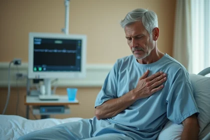 Homme âgé portant la main à la poitrine dans une chambre d'hôpital, illustrant les douleurs liées à un pacemaker cardiaque