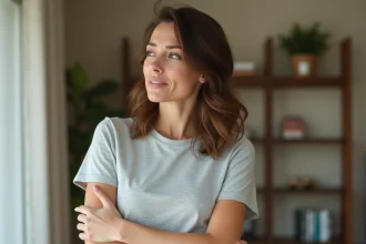 Femme tenant sa main sous l'aisselle gauche avec une expression de douleur légère dans un appartement moderne