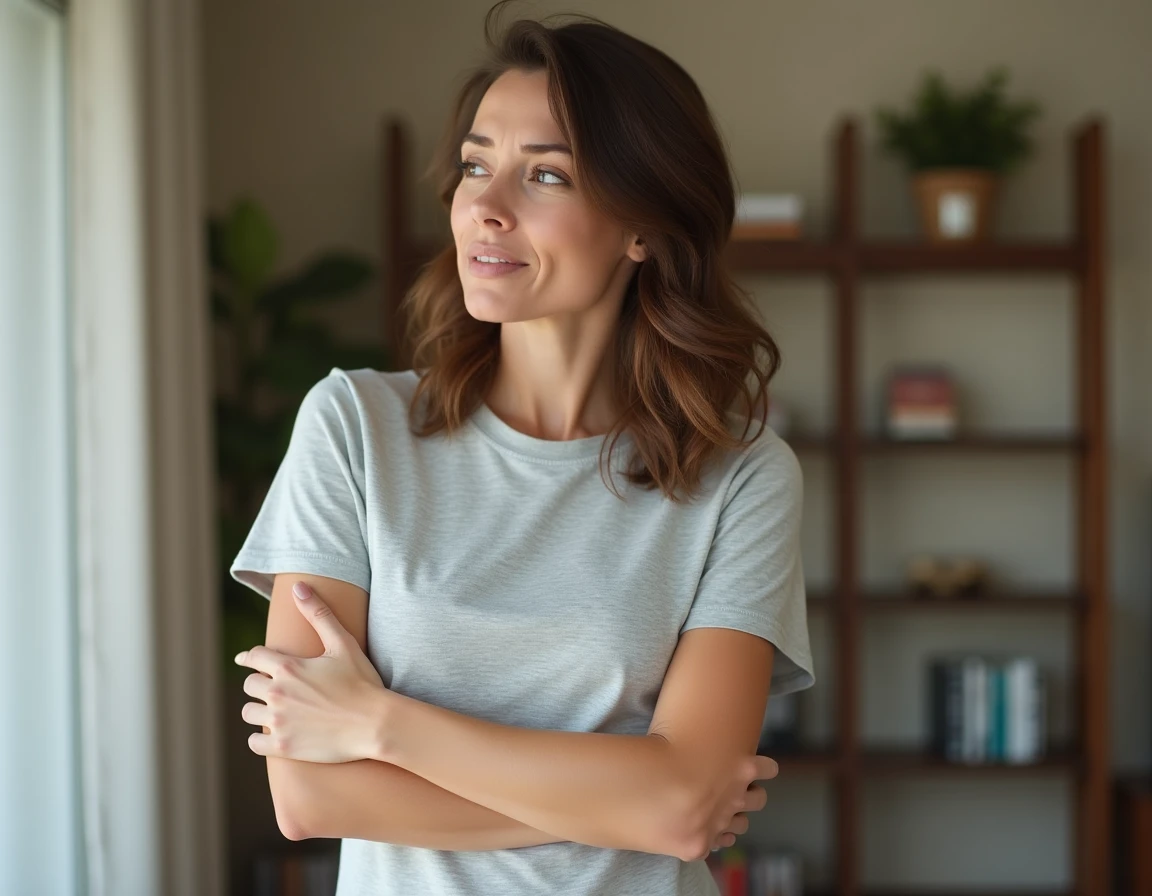 Femme tenant sa main sous l'aisselle gauche avec une expression de douleur légère dans un appartement moderne