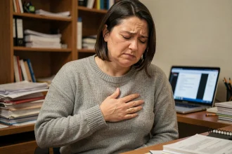 Femme ressentant une douleur sous costale droite liée au stress au bureau à domicile
