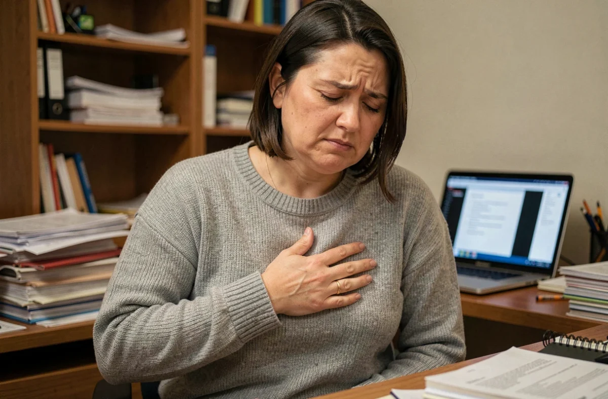 Femme ressentant une douleur sous costale droite liée au stress au bureau à domicile