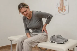 Femme d'une cinquantaine d'années souffrant de douleurs lombaires chroniques tenant sa chaussure orthopédique SPINE dans un cabinet de kinésithérapie