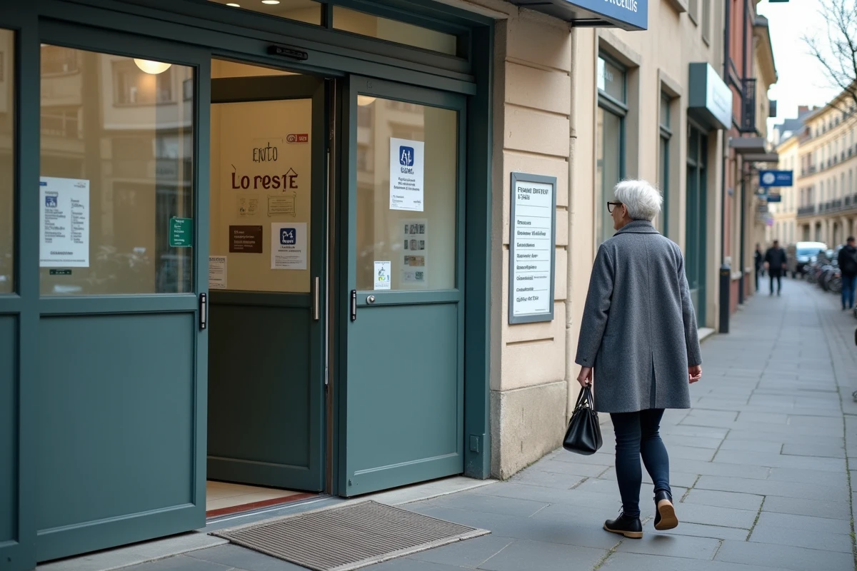 Entrée accessible de la maison médicale avec signalétique et patient à l'accueil