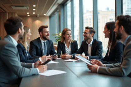 Groupe de professionnels en réunion dans un bureau moderne