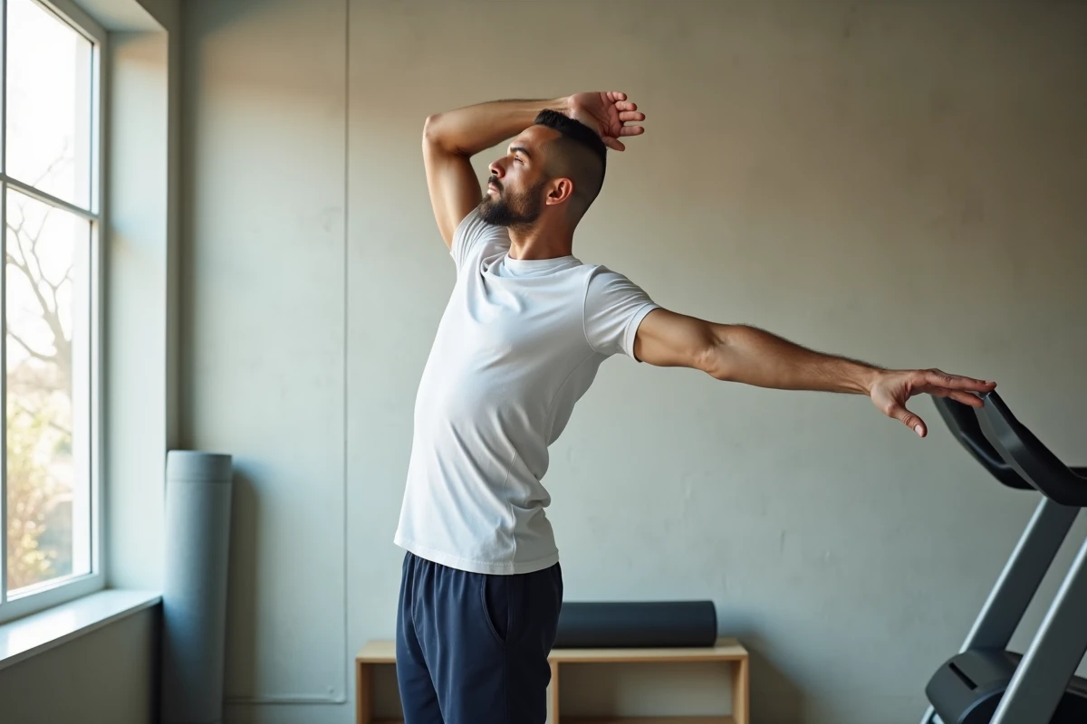 Homme pratiquant un étirement latéral debout pour réduire la douleur au côté gauche à domicile