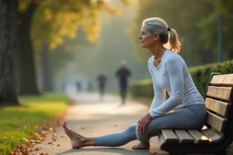Femme d'âge mûr effectuant un étirement du mollet contre un banc de parc pour prévenir les crampes nocturnes dans les jambes
