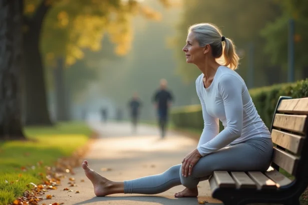 Femme d'âge mûr effectuant un étirement du mollet contre un banc de parc pour prévenir les crampes nocturnes dans les jambes