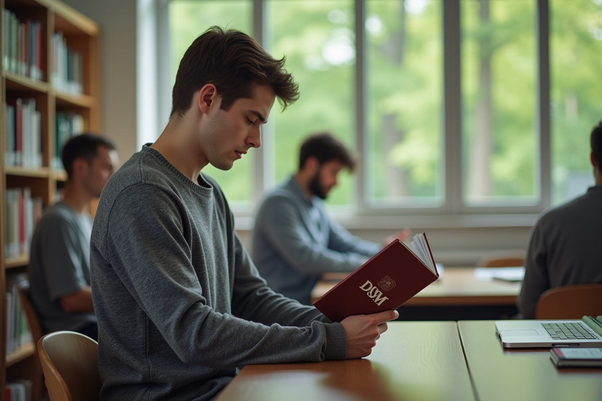 Jeune étudiant en psychiatrie étudiant le DSM à la bibliothèque