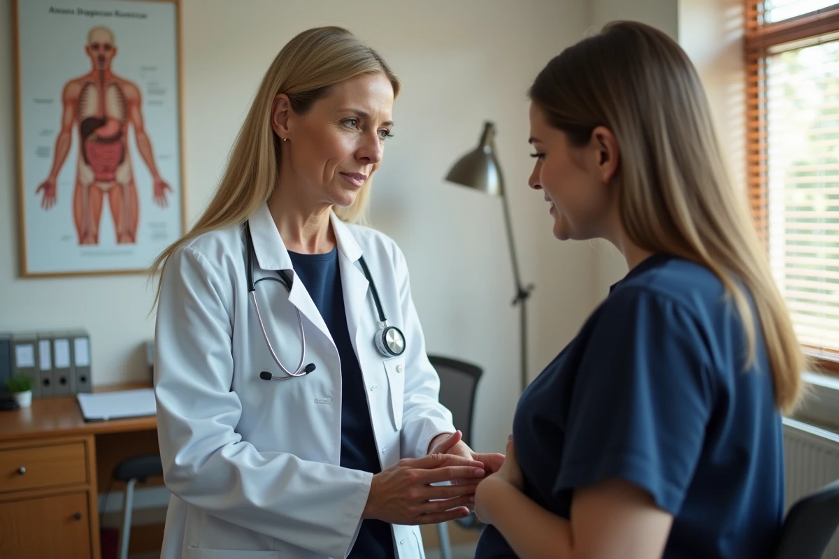 Médecin palpant l'abdomen droit d'un patient pour diagnostiquer douleurs et troubles digestifs lors d'un examen clinique