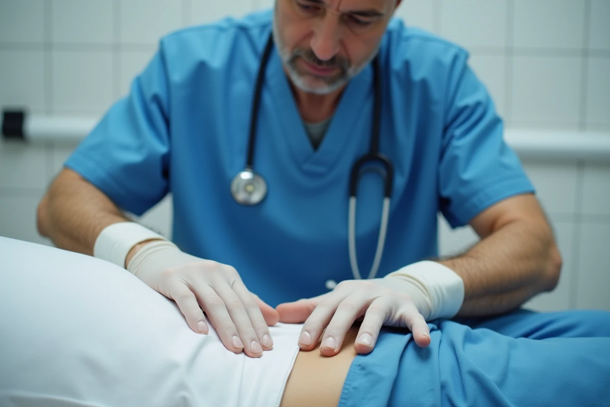 Médecin examinant la zone inguinale d'un patient masculin pour détecter des ganglions enflés