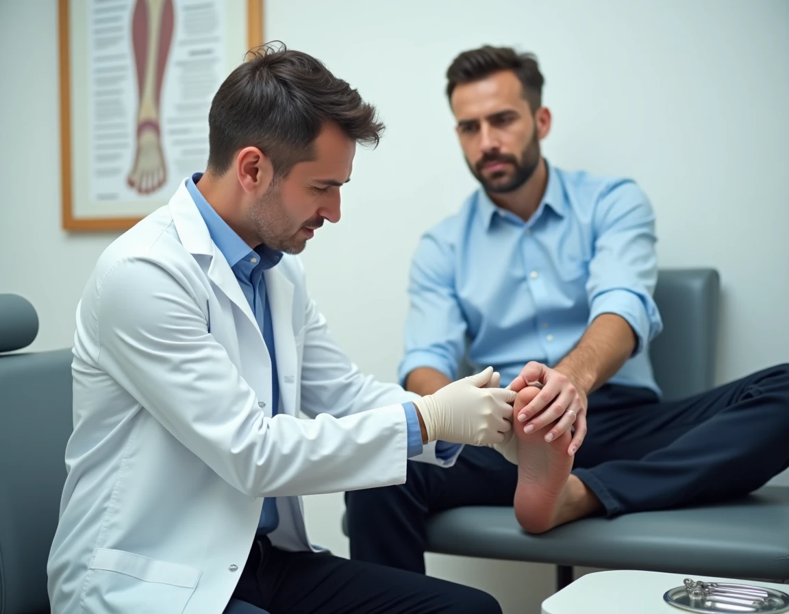 Podologue examinant le bord latéral du pied d'un patient pour diagnostiquer une douleur au nerf sural