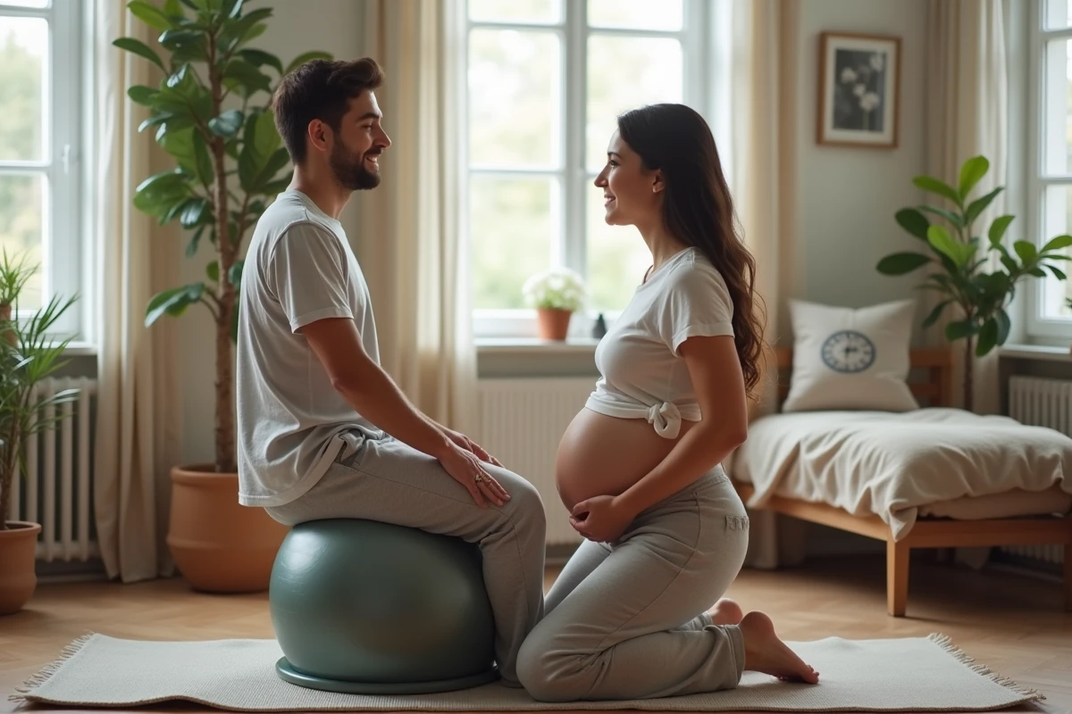 Femme enceinte pratiquant yoga avec partenaire à la maison