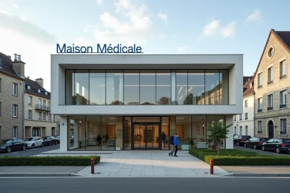 Façade extérieure de la maison médicale de Montbrison avec panneau indicateur et parking