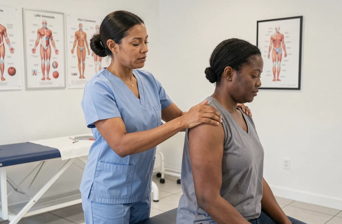 Kinésithérapeute femme réalisant une mobilisation d'épaule sur un patient dans un cabinet à Lille