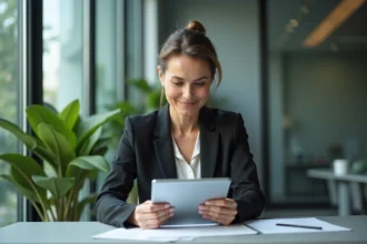 Femme d'affaires examine une checklist sur une tablette