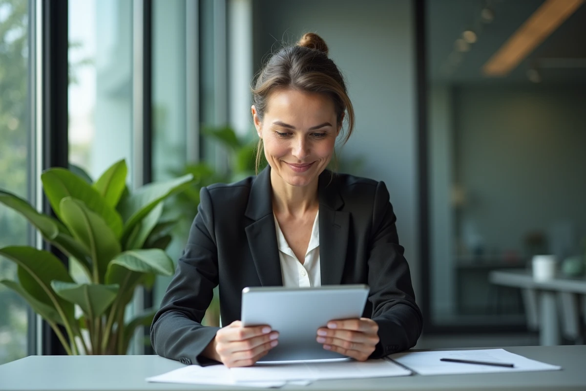 Femme d'affaires examine une checklist sur une tablette