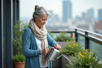 Femme d'âge moyen arrosant ses plantes sur un balcon urbain