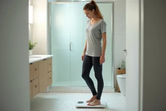 Femme se pesant sur une balance dans une salle de bain moderne, expression sceptique face aux résultats d'un programme minceur