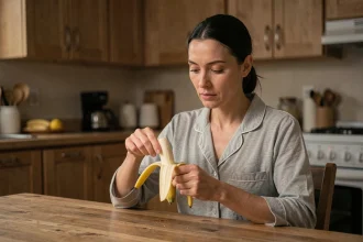 Femme en pyjama mangeant une banane le soir dans sa cuisine dans le cadre d'un régime alimentaire