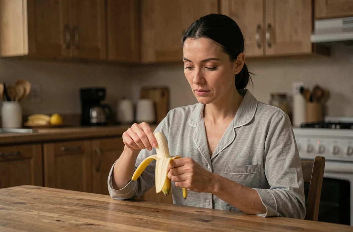 Femme en pyjama mangeant une banane le soir dans sa cuisine dans le cadre d'un régime alimentaire