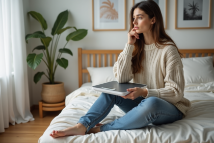 Femme assise sur le lit avec une balance digitale