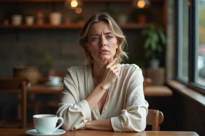 Femme hésitante avec la main sur la gorge dans un café, illustrant le blocage du chakra gorge et les difficultés de communication