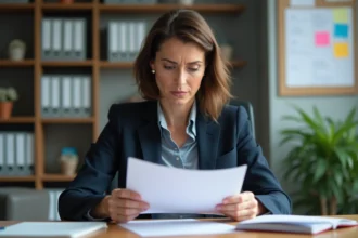 Femme d'âge moyen examinant des documents officiels au bureau