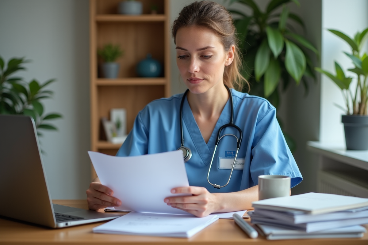 Femme en blouse médicale dans son bureau à domicile