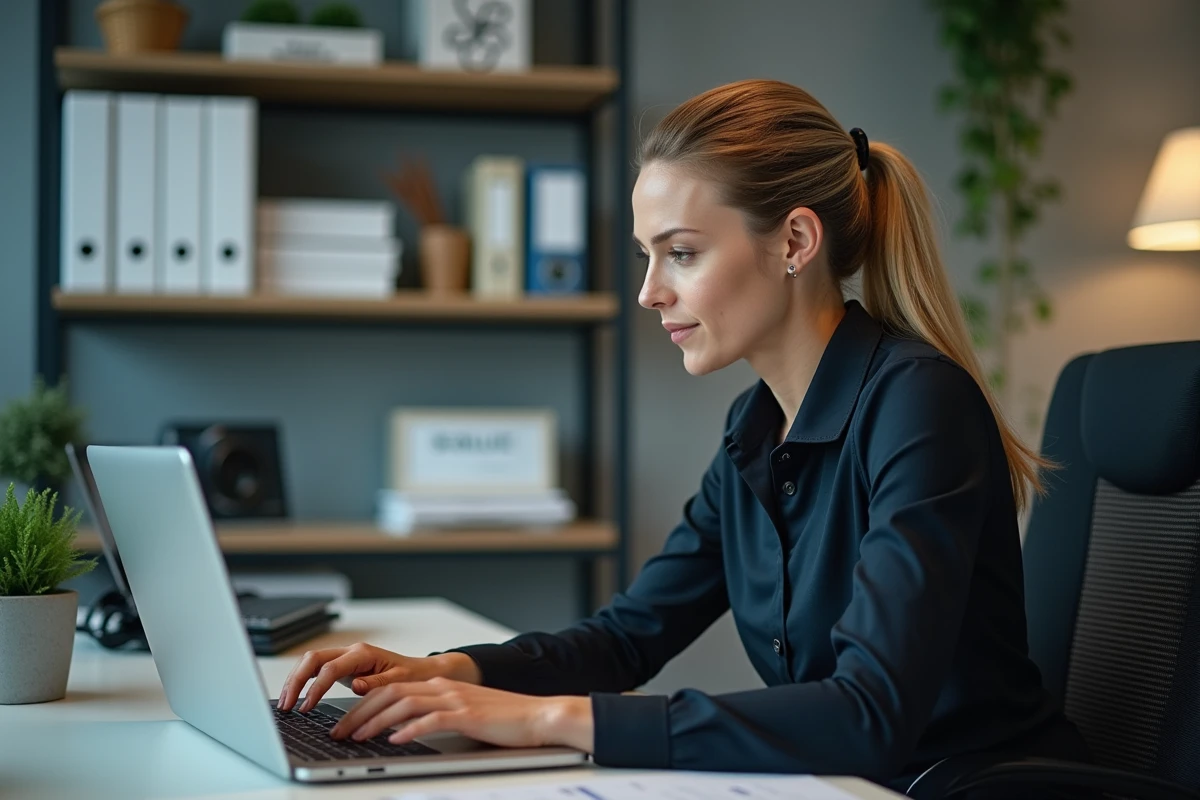 Femme d affaires au bureau utilisant un ordinateur portable