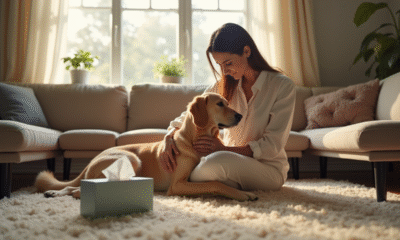 Femme caressant son chien dans le salon ensoleille