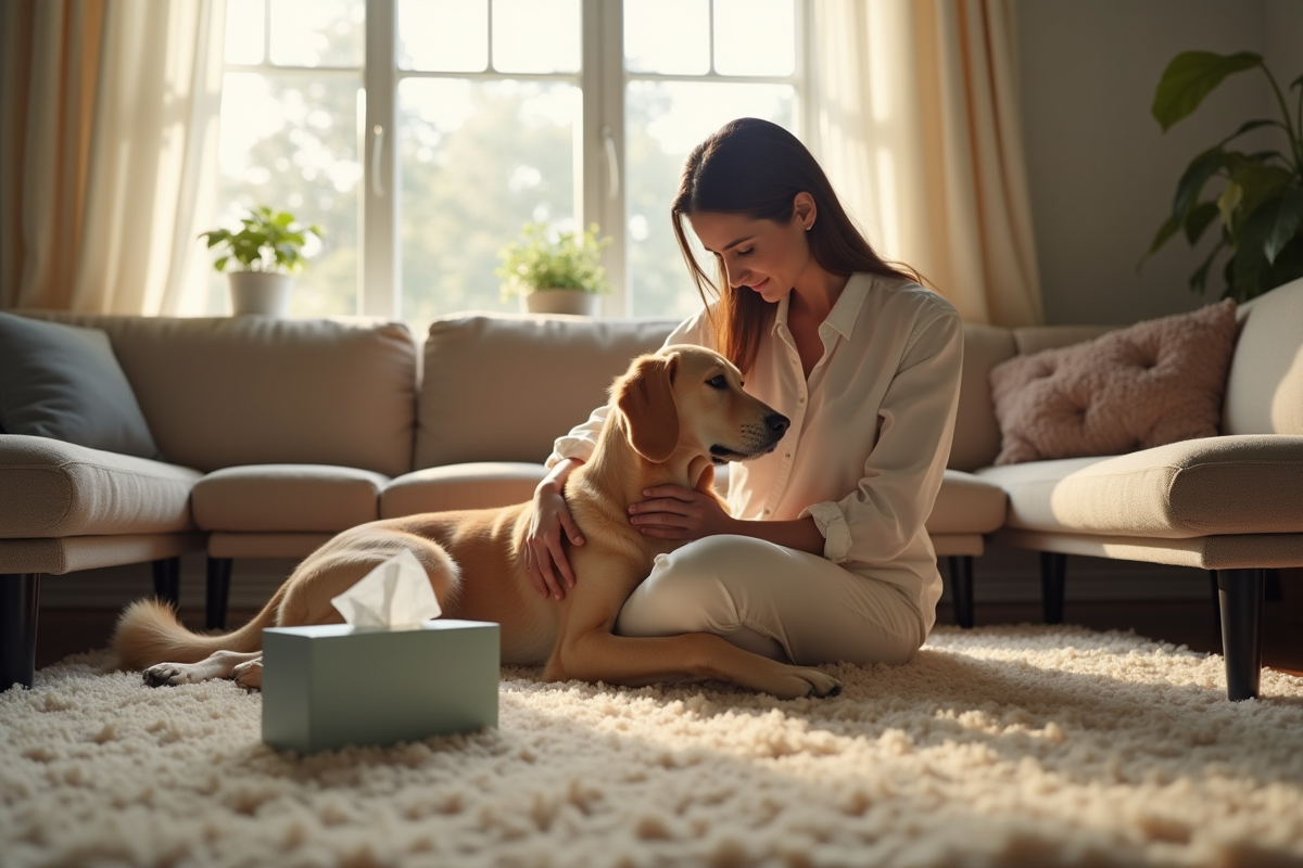 Femme caressant son chien dans le salon ensoleille