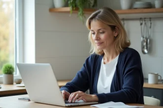Femme d'âge moyen utilisant un ordinateur portable dans une cuisine moderne