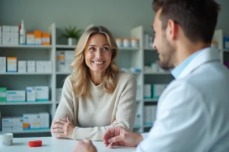 Femme calme consultante avec pharmacien en pharmacie