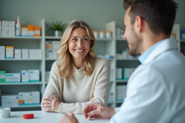 Femme calme consultante avec pharmacien en pharmacie