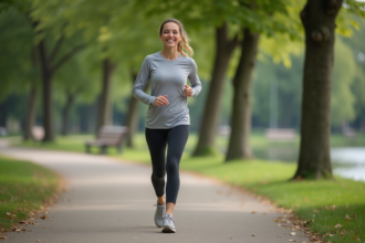 Femme souriante en tenue de sport dans un parc urbain