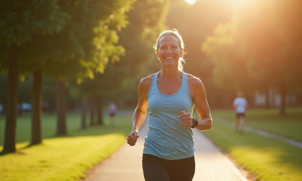 Femme souriante en tenue de sport marchant dans un parc ensoleille